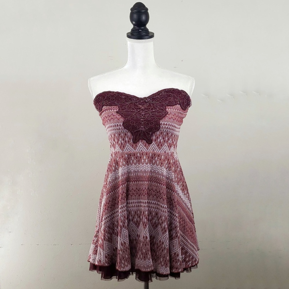 Free People Strapless Beaded Burgandy Mini Dress